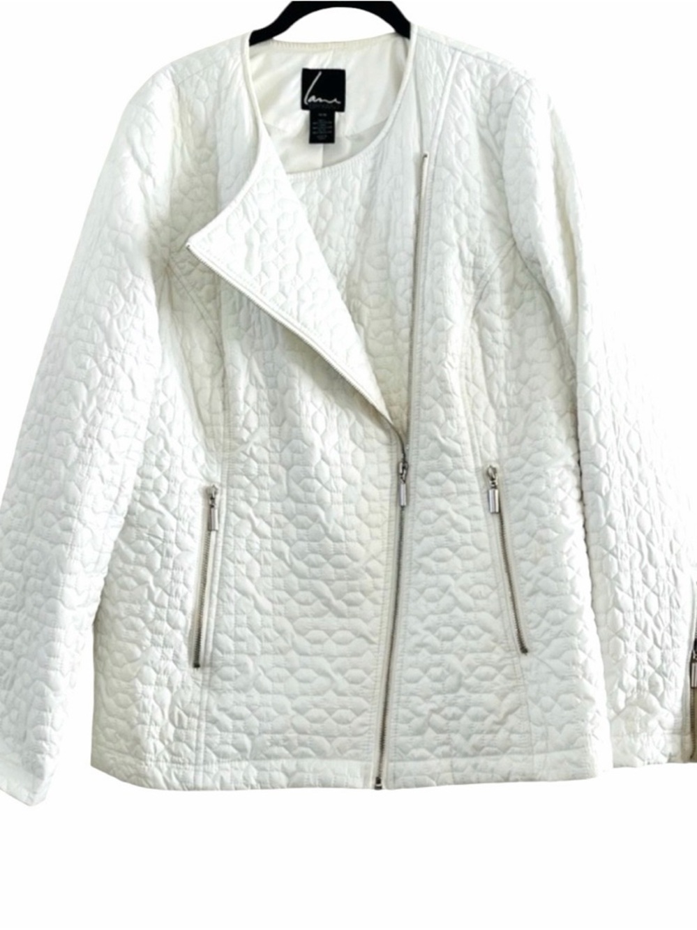 Lane Bryant Stylish White Quilted Jacket With Silver Zippers Size 14/16